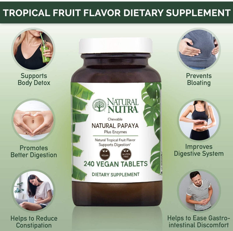 Natural Nutra Papaya Chewable Plant Enzymes Blend for Digestion, Prevent Boating, Supports Body Detox, Helps to Reduce Constipation, Ease Gastointestinal Discomport, 240 Chewable Vegan Tablets