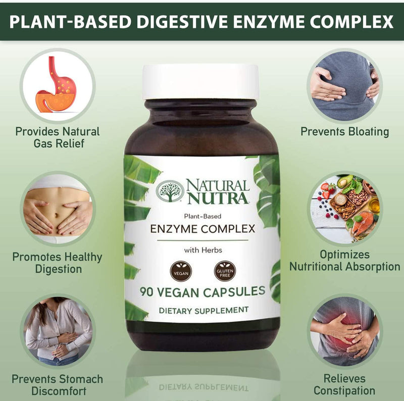 Natural Nutra Plant Based Digestive Enzyme Complex with Herbs, Amylase, Bromelain, Lipase, Protease, Lactase, Plant Based, 90 Vegan Capsules