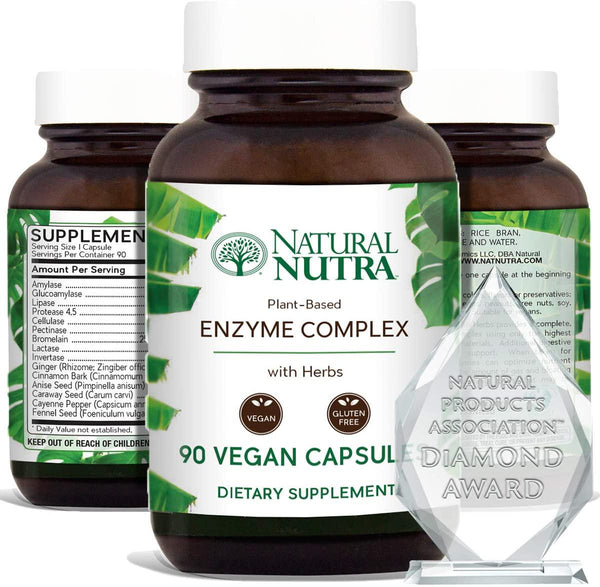 Natural Nutra Plant Based Digestive Enzyme Complex with Herbs, Amylase, Bromelain, Lipase, Protease, Lactase, Plant Based, 90 Vegan Capsules