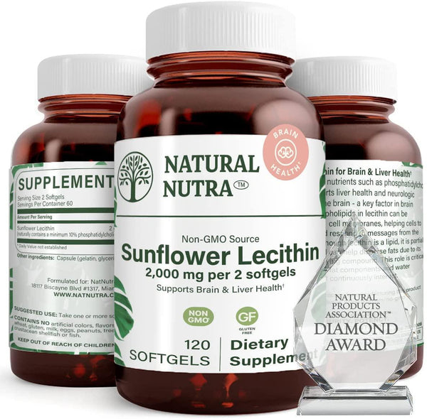 Natural Nutra Sunflower Lecithin 2000 mg, Phosphatidyl Choline, Brain Health, Reduce Clogged Ducts, Improve Liver Function, Memory Booster, Non-GMO, Gluten-Free Supplement, 120 Softgels (2 Pack)