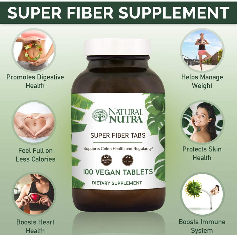 Natural Nutra Super Fiber Supplement with Oat, Psyllium Husk, Guar Gum, Colon Support Supplement, Calcium Polycarbophil, Boost Heart Health, Protect Skin, Weight Loss, 100 Vegan Tablets
