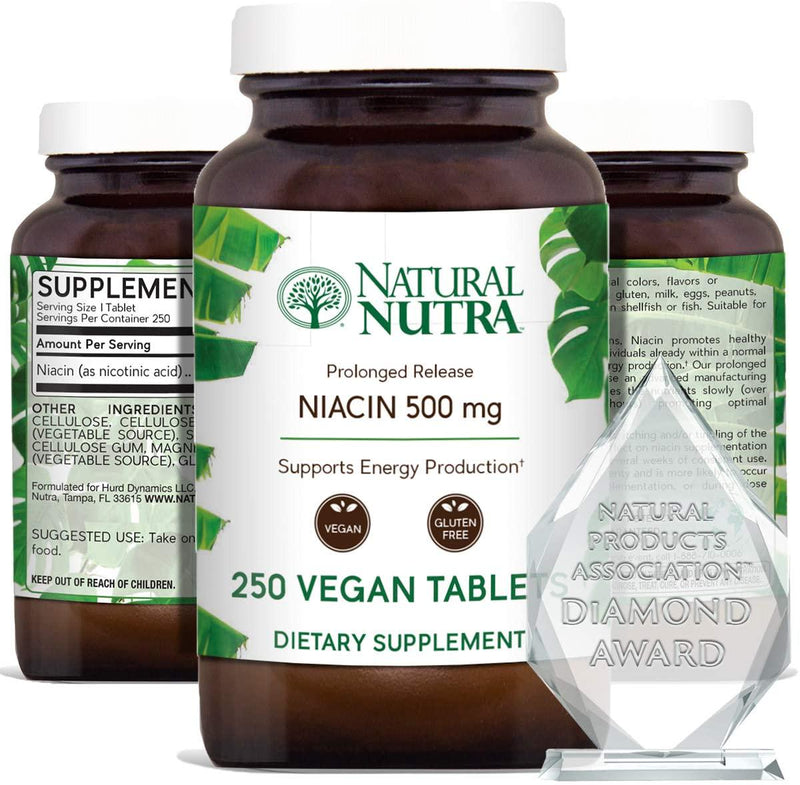 Natural Nutra Time-Release Slow Niacin 500mg (Vitamin B3) with Nicotinic Acid, Cholesterol Supplement, Energy Production, Promotes Heart Health, Cognitive Function, 250 Vegan and Vegetarian Tablets