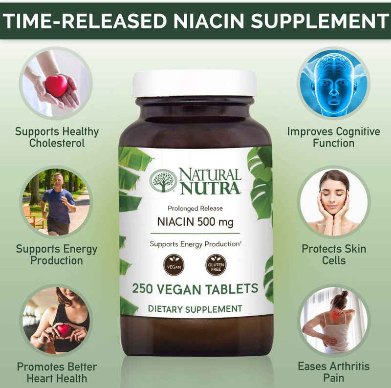 Natural Nutra Time-Release Slow Niacin 500mg (Vitamin B3) with Nicotinic Acid, Cholesterol Supplement, Energy Production, Promotes Heart Health, Cognitive Function, 250 Vegan and Vegetarian Tablets