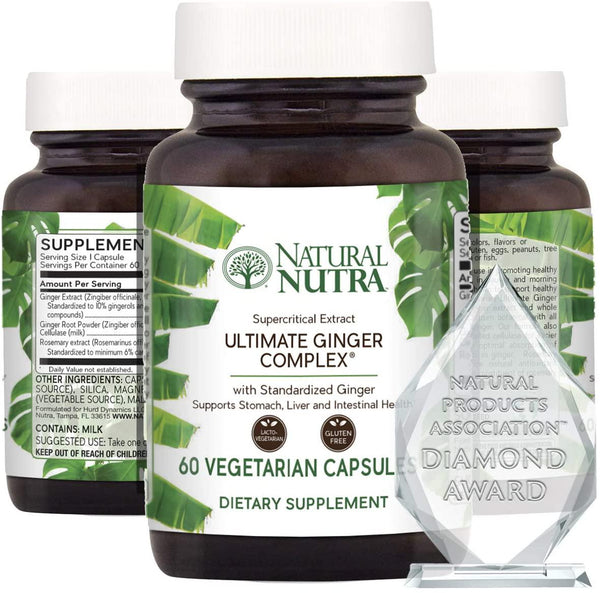 Natural Nutra Ultimate Ginger Supplement, Root and Supercritical Extract 10% Standardized Gingerols for Nausea, Stomach, Intestinal and Cardiovascular Health, 60 Vegetarian Capsules
