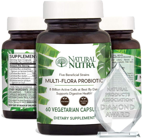 Natural Nutra Ultimate Flora Probiotic for Women and Men, Multi Strain with Lactobacillus Acidophilus, Bifudus, Lactis, Reuteri and Plantarum, 60 Vegetarian Capsules