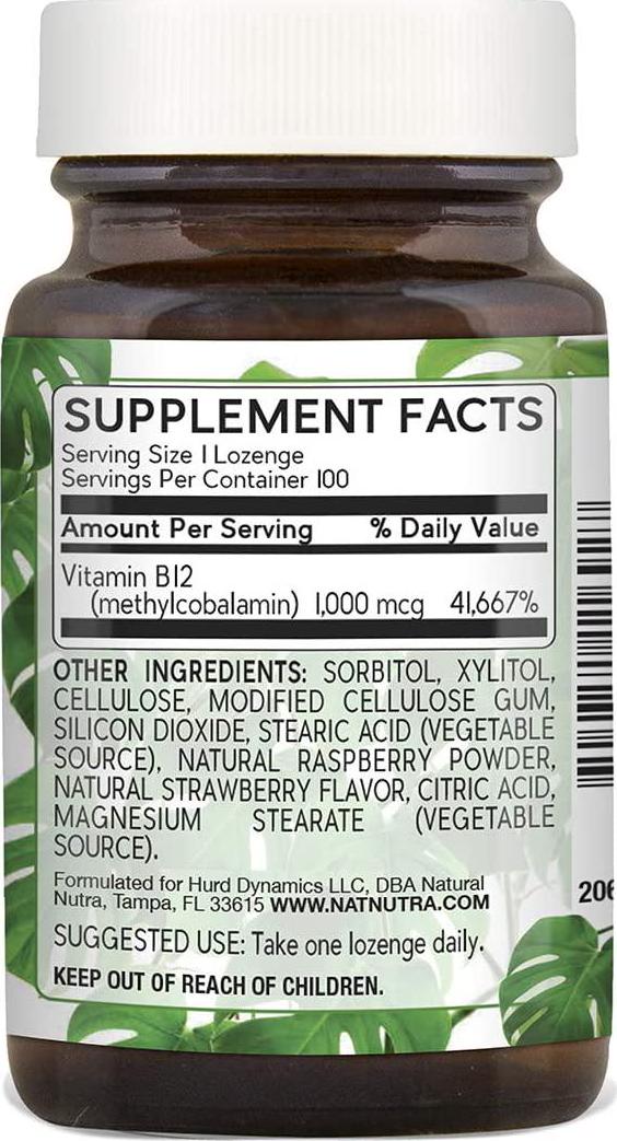 Natural Nutra Vegan Methyl B12 Sublingual Lozenges (Methylcobalamin Vitamin B 12), 1000 mcg, Delicious Berry Flavor, Cardiovascular, Energy and Brain Health Supplement, Gluten Free, 100 Count