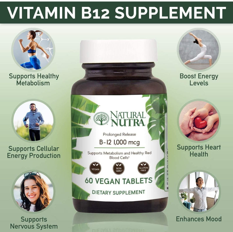 Natural Nutra Vegan Vitamin B12 1000 mcg, Cobalamin B 12 Supplement, Time Released with Calcium for Optimal Absorption, Energy and Brain Health, Non GMO, Gluten Free, Sugar Free, 60 Tablets