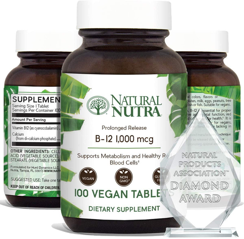 Natural Nutra Vegan Vitamin B12 1000 mcg, Cobalamin B 12 Supplement, Time Released with Calcium for Optimal Absorption, Energy and Brain Health, Non GMO, Gluten Free, 100 Tablets