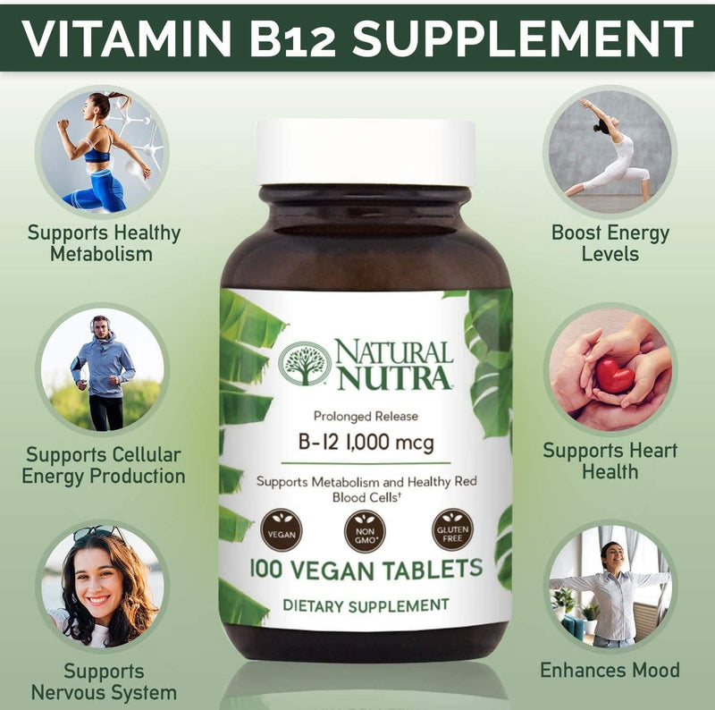 Natural Nutra Vegan Vitamin B12 1000 mcg, Cobalamin B 12 Supplement, Time Released with Calcium for Optimal Absorption, Energy and Brain Health, Non GMO, Gluten Free, 100 Tablets