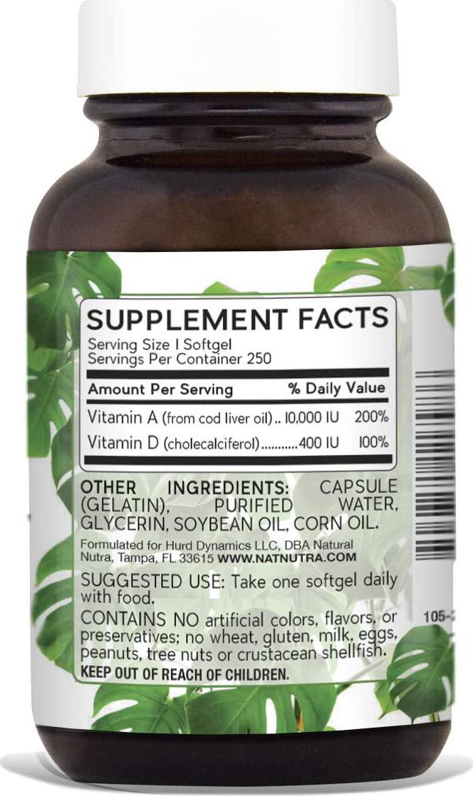 Natural Nutra Vitamin A and D, Sourced from Cod Liver Oil, 10,000IU/400IU, Supplement for Healthy Bones, Teeth and Eyes, 250 Softgels