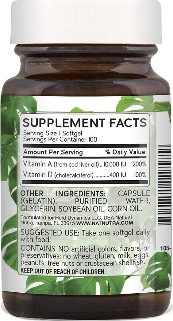 Natural Nutra Vitamin A and D, Sourced from Cod Liver Oil, 10,000IU/400IU, Supplement for Healthy Bones, Teeth and Eyes, 100 Softgels