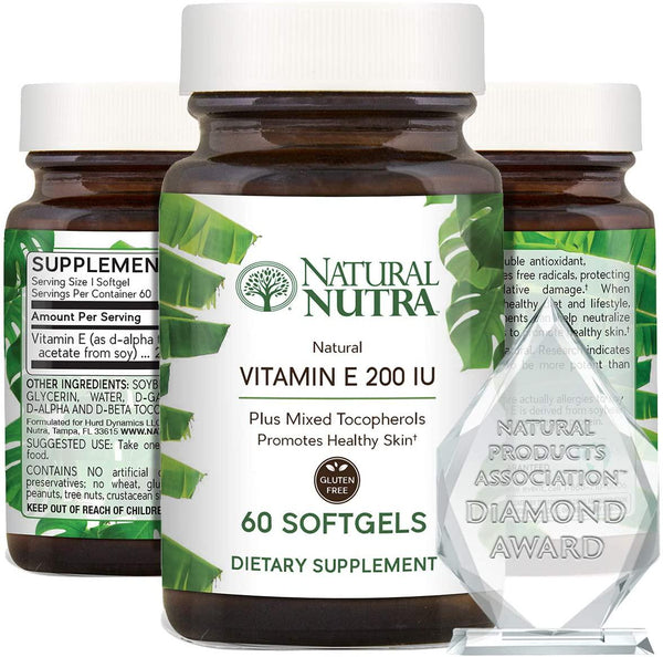 Natural Nutra d-Alpha Tocopherol Vitamin E 200 IU Supplement for Skin, Hair and Nails, Heart Health, Face Elasticity and Scar Repair, 60 Softgels