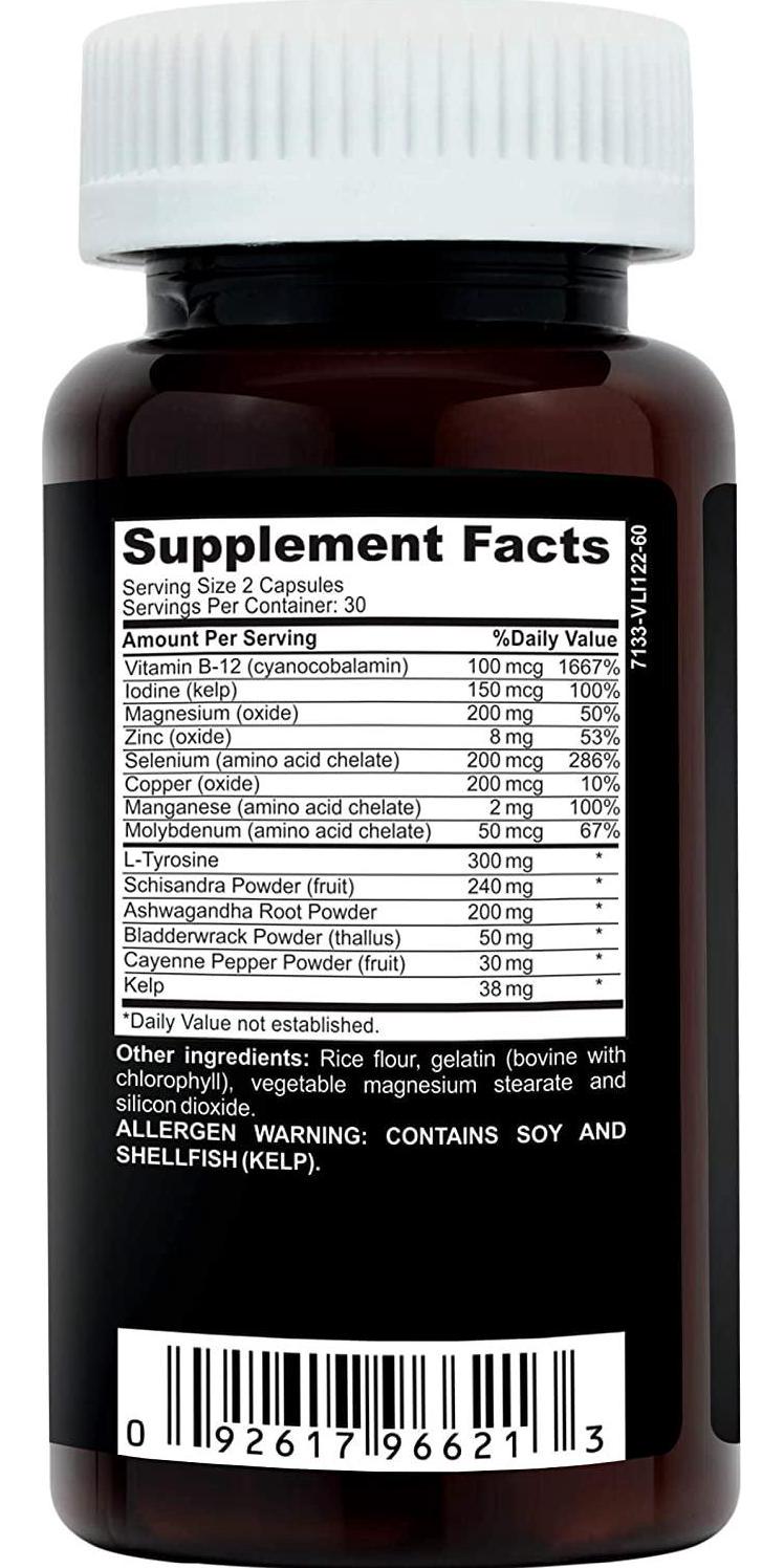 Natural Thyroid Support Supplement, Ashwagandha Adaptogen Superfood Blend w Pure Kelp Iodine and Selenium, Copper, L Tyrosine, Zinc, Vitamins Complex for Energy, Focus, Weight Loss. 60 Non GMO Capsules