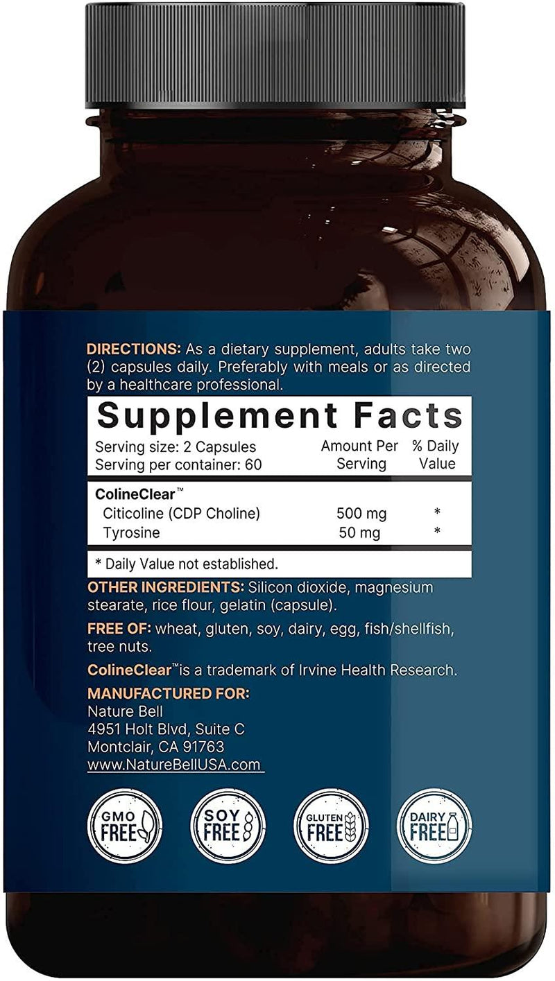 NatureBell Citicoline Capsule Supplement, Made with Colineclear, 500mg Citicoline Plus 50mg Tyrosine Per Serving, 120 Capsules, Non-GMO