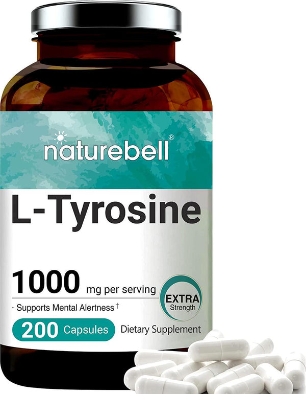 NatureBell L-Tyrosine Capsules, 1000mg Per Serving, 200 Capsules, Support Memory and Cognitive Health, No GMOs.