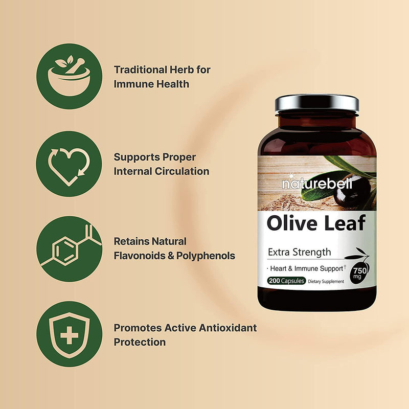 NatureBell Organically Grown Olive Leaf Extract 750mg, 180 Capsules, Active Polyphenols and Oleuropei, Supports Immune and Cardiovascular Health, Non-GMO and Made in USA