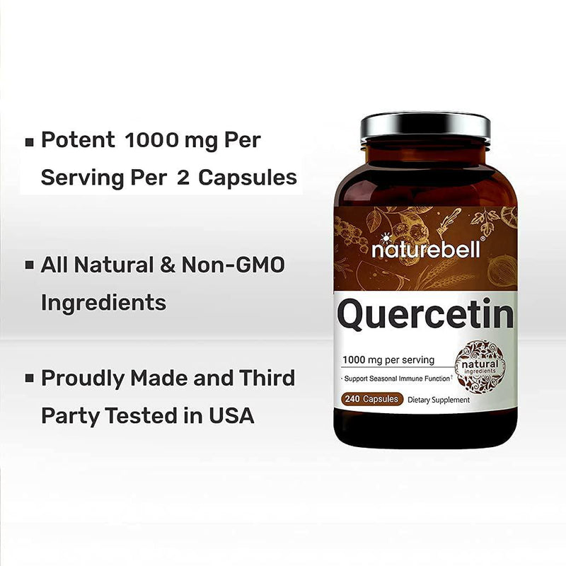 NatureBell Quercetin 1000mg Per Serving, 240 Capsules, Powerfully Supports Cardiovascular Health, Immune System and Bioflavonoids for Celllular Function, No GMOs and Made in USA.