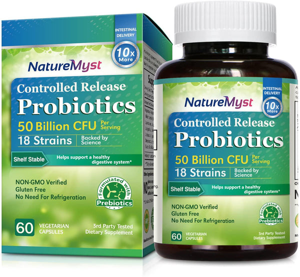 NatureMyst Probiotics 50 Billion per Serving, 18 Probiotic Strains, 60 Veggie Capsules - Non-GMO, Gluten Free