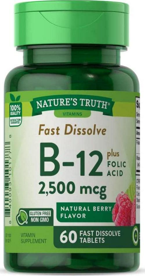 Nature&#039;s Truth Vitamin B-12 2500 McgPlus Folic Acid, Natural Berry Flavor, 60 Count (Pack of 3)