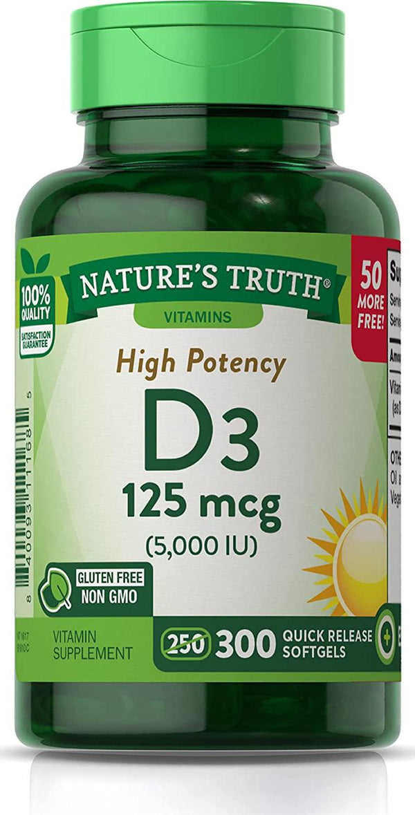 Nature&#039;s Truth Vitamin D 5000 250 + 50 Softgels, 300 Count