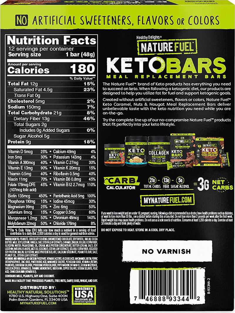 Nature Fuel Keto Meal Replacement Bar, Gluten Free, with Whey Protein and MCTs, Caramel, Nuts and Nougat, 12 Count