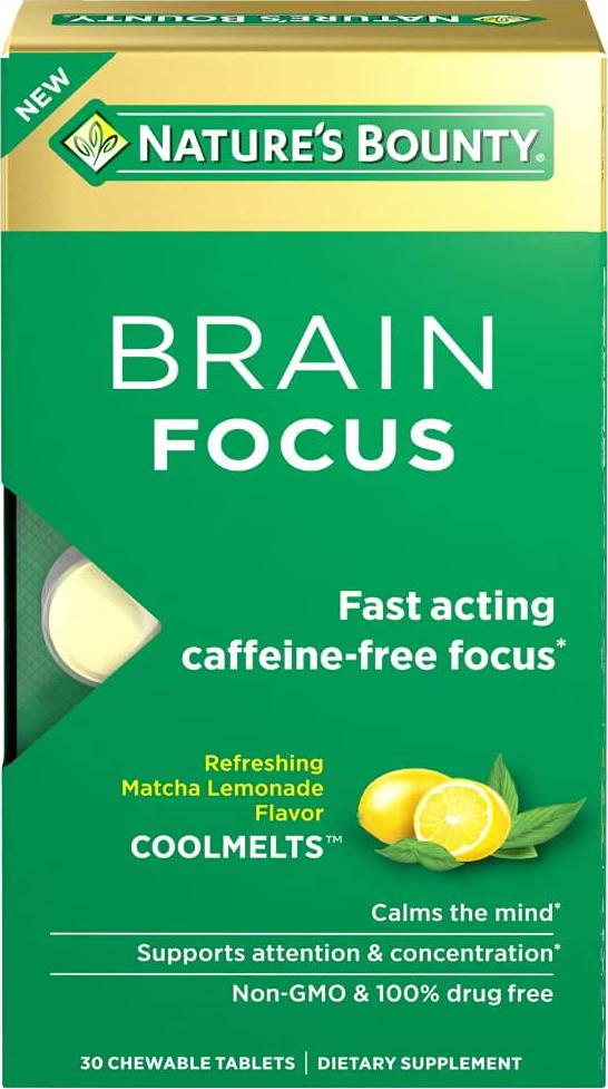 Nature's Bounty Brain Focus, Nootropic Brain Health Supplement Supports Focus and Attention | Caffeine Free with Cognizin Citicoline and L-Theanine, CoolMelt Chewable Tablets, 30 Count