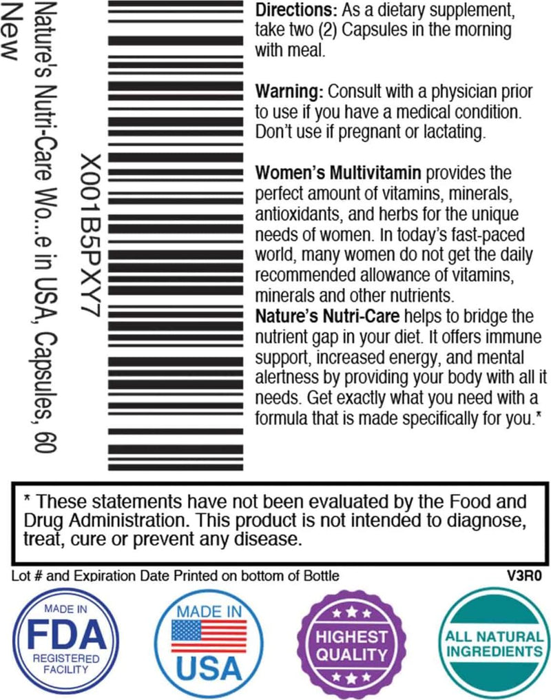 Nature's Nutri-Care Multivitamin for Women - 60 Capsules - Vitamins, Antioxidants, and Minerals - Complete Female Support Blend, Immune Blend, and Energy Blend - Made in USA, 60