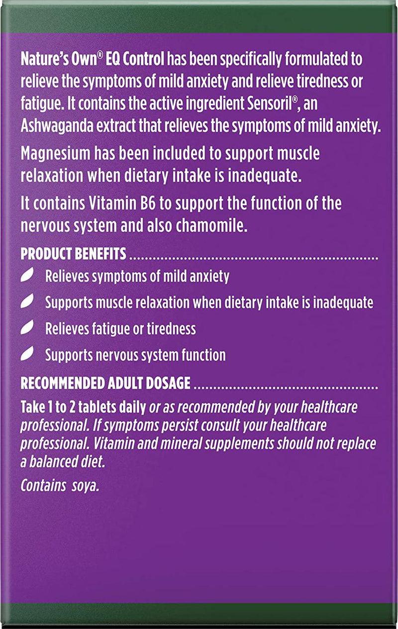 Nature's Own EQ Control - Relieves Symptoms of Mild Anxiety - Relieves Fatigue - Supports Nervous System Function, 50 Tablets