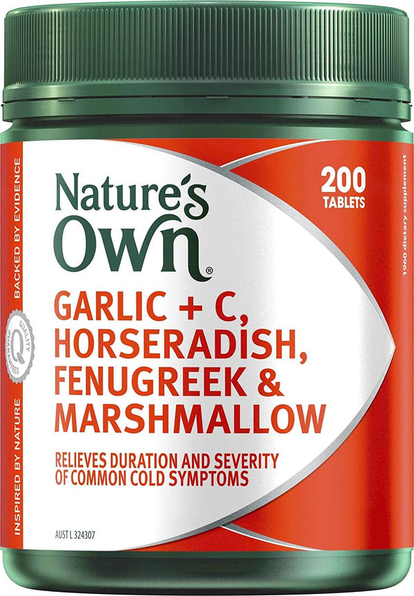 Nature's Own Garlic + C, Horseradish, Fenugreek and Marshmallow - Relieves Duration of Common Cold Symptoms, 200 Tablets