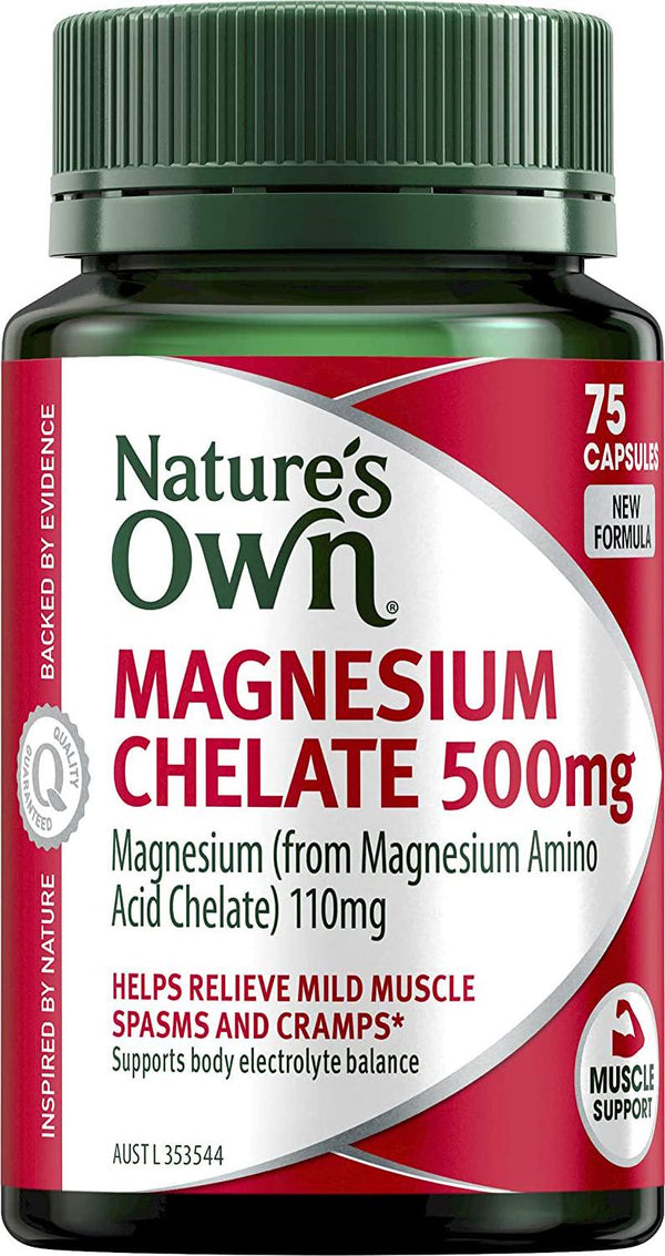 Nature's Own Magnesium Chelate 500mg - Relieves muscle tiredness and cramps when dietary intake is inadequate, 75 Capcules
