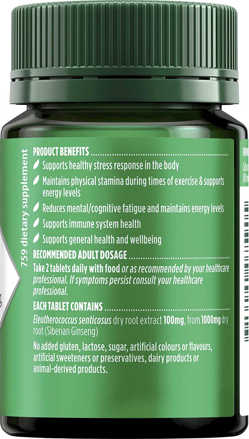 Nature's Own Siberian Ginseng 1000mg Tablet, Maintains Energy Levels and Physical Stamina, Supports Immune System Health, Mostly Green, 60 Count