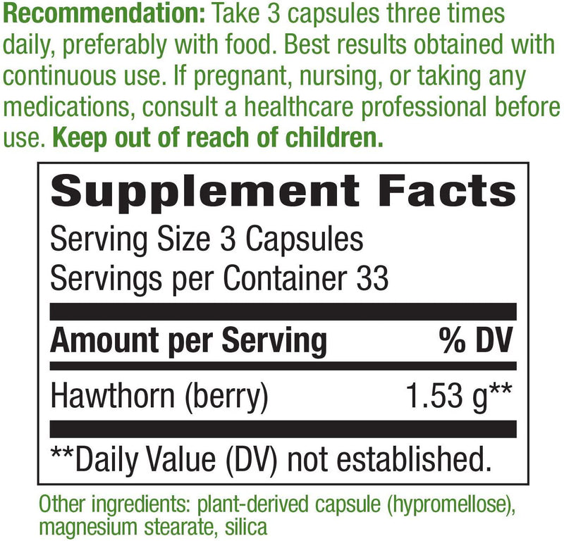 Nature's Way Premium Herbal Hawthorn Berries 510 mg per capsule, 100 VCaps (Packaging May Vary)