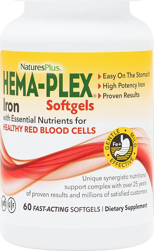 NaturesPlus Hema-Plex Softgels (3 Pack) - 85 mg Elemental Iron, 60 Softgels -Fast Acting Supplement for Total Blood Health - Gentle Formula - Gluten-Free - 60 Total Servings