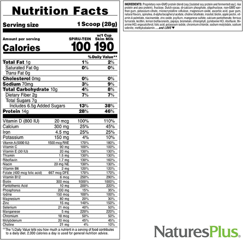 NaturesPlus SPIRU-TEIN, Chocolate - 2.1 lb, Pack of 2 - Plant-Based Protein Shake - Non-GMO, Vegetarian, Gluten Free - 68 Total Servings