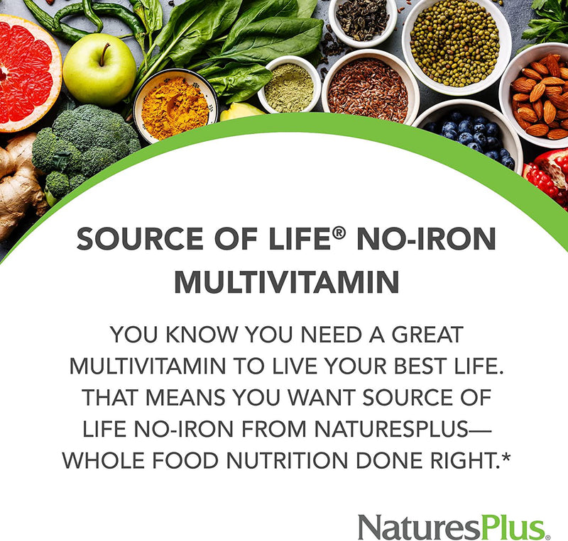 NaturesPlus Source of Life No Iron Tablets - 90 Vegetarian Tablets - Whole Food Multivitamin and Mineral Supplement, Energy and Immunity Booster- Gluten-Free - 30 Servings