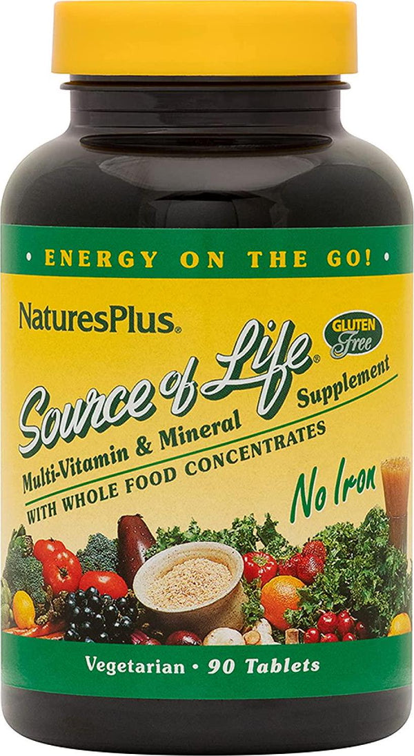 NaturesPlus Source of Life No Iron Tablets - 90 Vegetarian Tablets - Whole Food Multivitamin and Mineral Supplement, Energy and Immunity Booster- Gluten-Free - 30 Servings