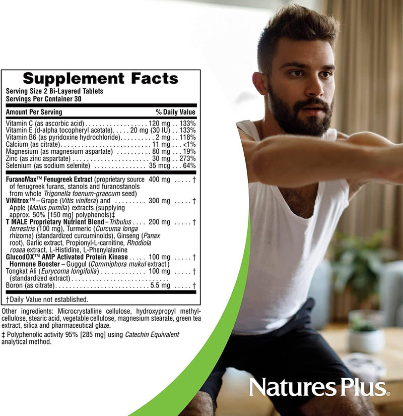 NaturesPlus Ultra T Male, Extended Release (2 Pack) - 60 Bilayer Tablets - Natural Testosterone Booster for Men - Healthy Sexual Function, Muscle Gain - Vegetarian, Gluten-Free - 60 Total Servings