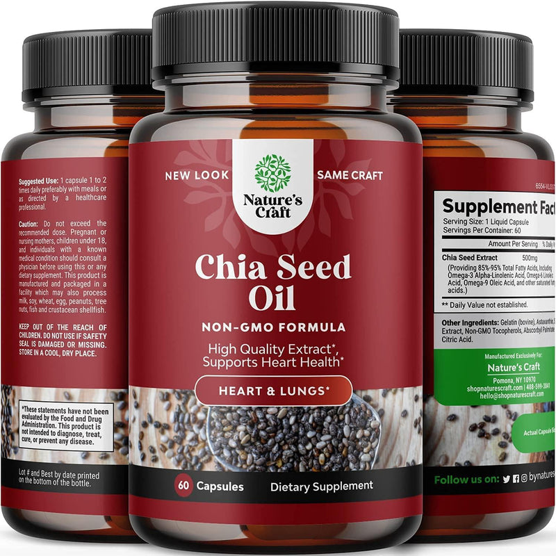 Natures Craft Chia Seed Oil Supplement for Weight Loss and Energy Natural Superfood Protein Metabolism Booster for Men and Women - Tryptophan Antioxidant Vitamins Omega 3 Fatty Acids