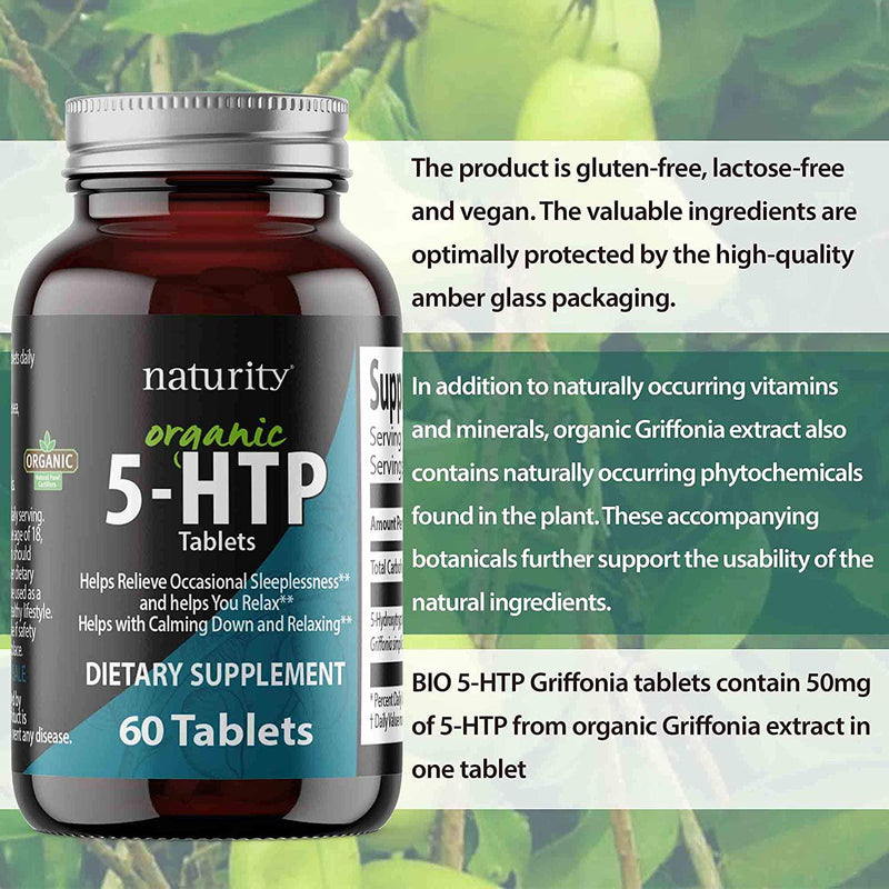 Naturity Organic 5-HTP - 50MG Tablet - from Organic Griffonia Simplicifolia Extract - 5-HTP Supplement, 60 Count