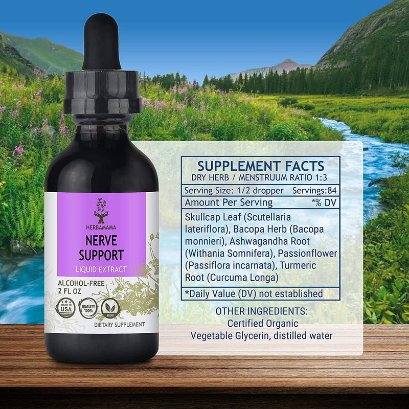 Nerve Support Liquid Extract 2 fl oz | Promotes Healthy Nervous System | Brain Booster for Enhanced Mental Focus, Memory, Clarity | Anxiety and Stress Relief | Sleep Aid