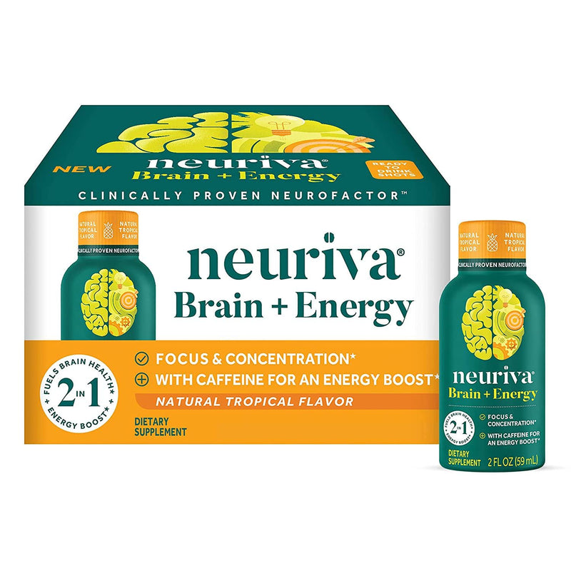 Neuriva Brain + Energy Shots, Nootropic Brain Supplement for Focus and Concentration with Neurofactor, Vitamin B12 and 150mg Caffeine for an Energy Boost - (12 Count), Tropical Flavor