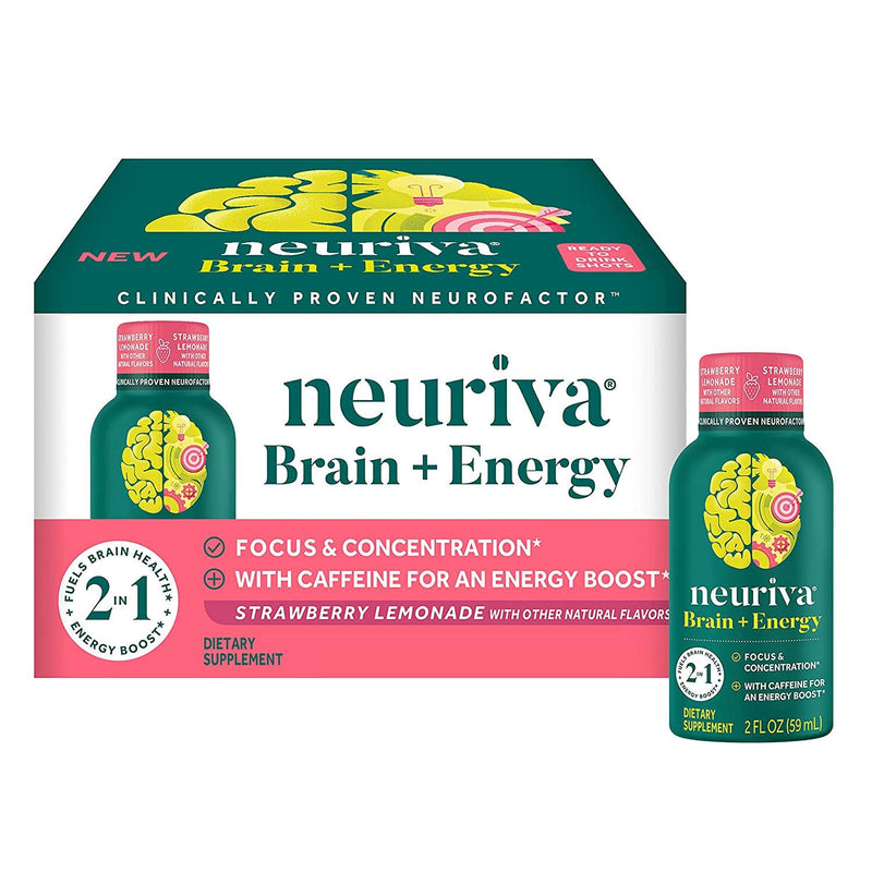 Neuriva Brain + Energy Shots, Nootropic Brain Supplement for Focus and Concentration with Neurofactor, Vitamin B12 and 150mg Caffeine for an Energy Boost - (12 Count), Strawberry Lemonade