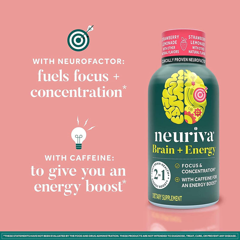 Neuriva Brain + Energy Shots, Nootropic Brain Supplement for Focus and Concentration with Neurofactor, Vitamin B12 and 150mg Caffeine for an Energy Boost - (36 count), Strawberry Lemonade