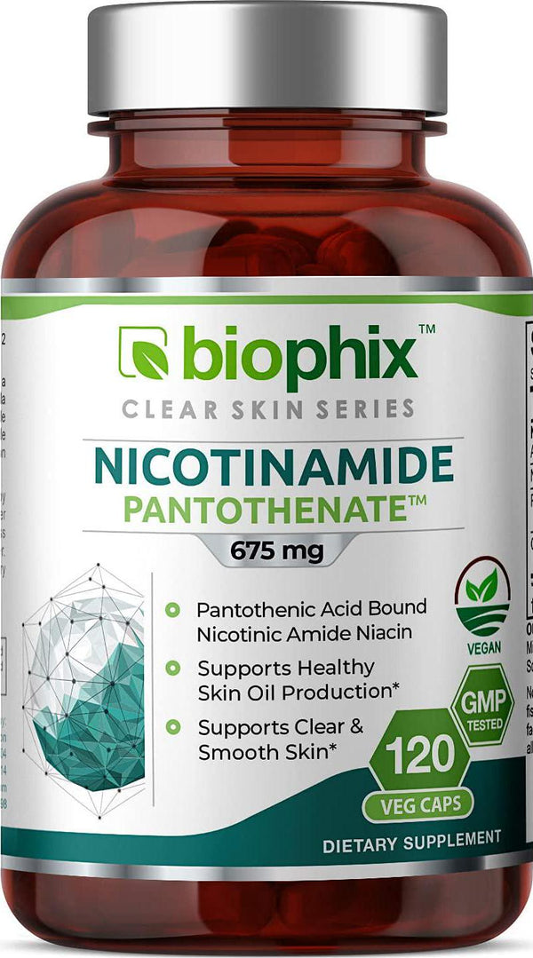 Nicotinamide Pantothenate 675 mg 120 Vcaps - Clear Skin Series | Natural Flush-Free | Gluten-Free B3 Nicotinic Amide Niacin | B5 Pantothenic Acid | Supports Skin Health | Healthy Cell Repair Support