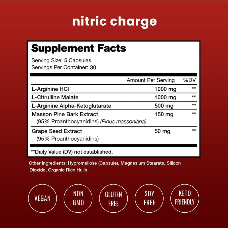 Nitric Oxide Supplement with L Arginine, Citrulline Malate, AAKG, Pine Bark and Grape Seed Extract - Powerful NO Booster for Muscle Growth, Strength, Vascularity, Energy and Blood Flow- 120 Vegan
