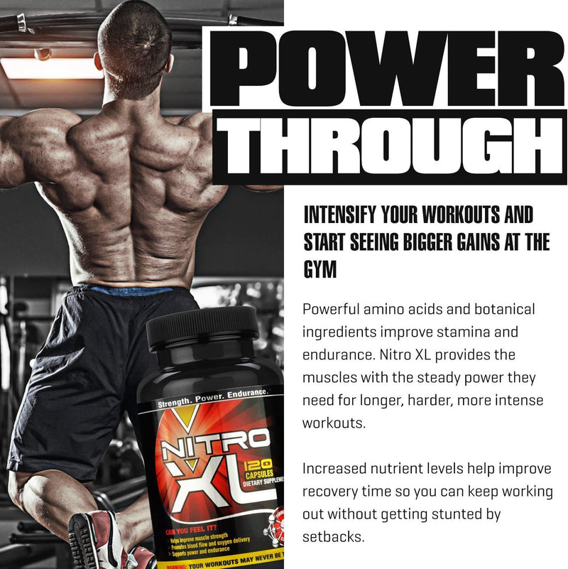 Nitro XL | Nitric Oxide Bodybuilding Supplement - with L-Arginine | Build Muscle Mass - Get Ripped - Boost Performance - Increase Endurance and Stamina - Intensify Your Workout | 120 caps