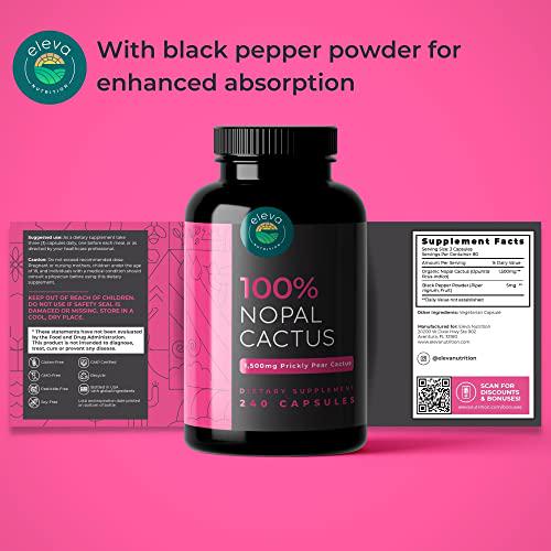 Nopal Cactus Capsules 1500mg Organic Sun-Dried Prickly Pear Cactus and Black Pepper Extract Natural Prickly Pear Extract Capsules That are Vegan, Non-GMO and Soy Free 240 Capsules