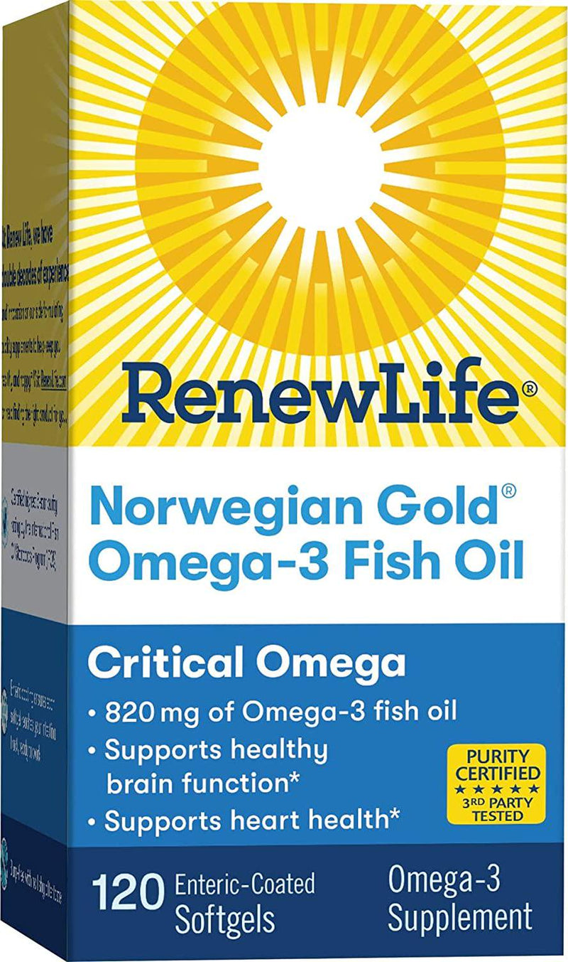Norwegian Gold - Critical Omega - Omega 3 fish oil supplement - burpless - brain and heart health- 120 softgel capsules - a Renew Life brand