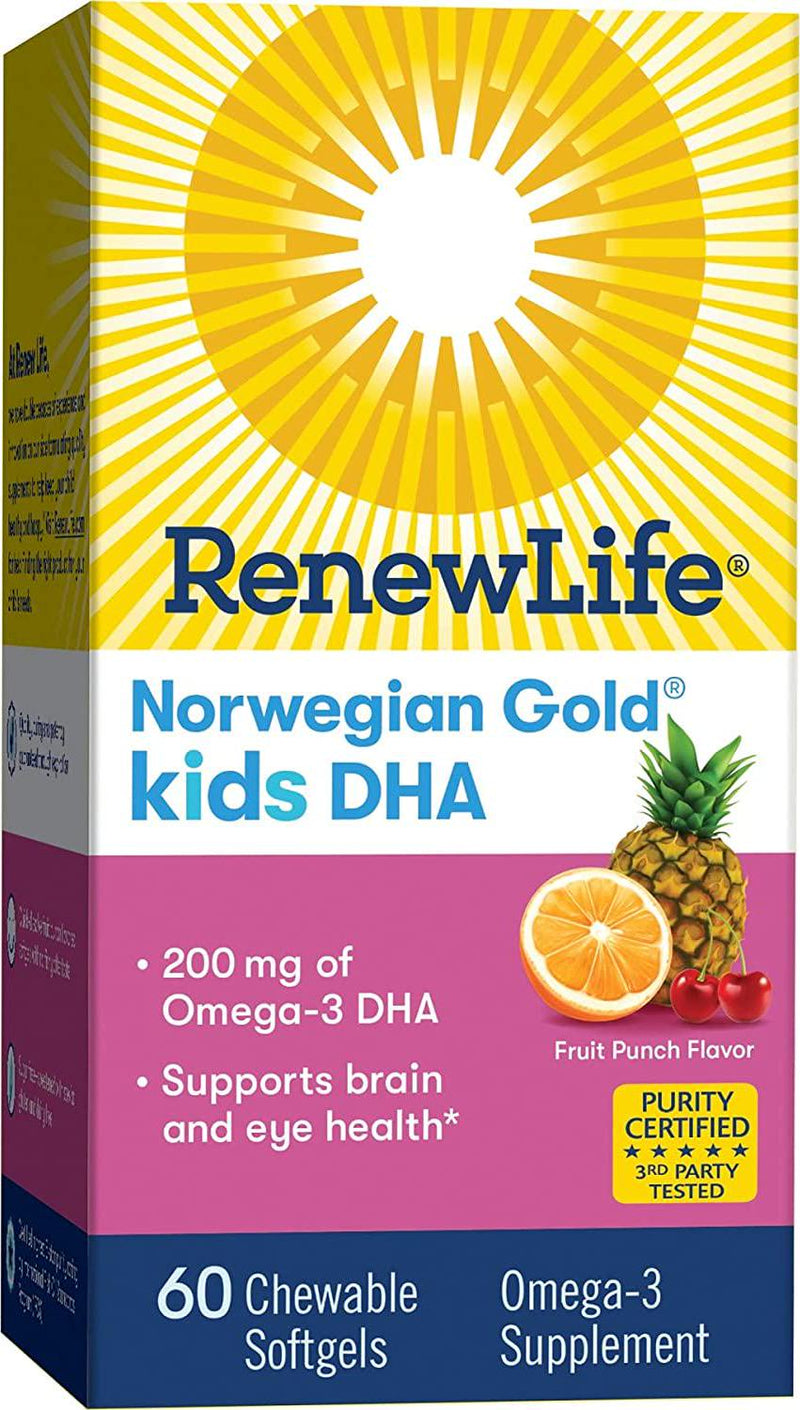 Norwegian Gold - Kids DHA - Omega 3 fish oil supplement - fruit punch flavor - brain and bone health - 60 chewable softgels - a Renew Life brand