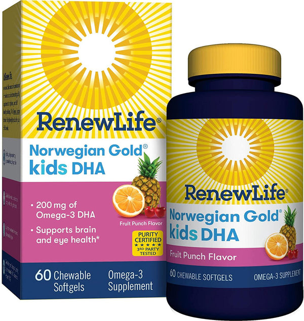 Norwegian Gold - Kids DHA - Omega 3 fish oil supplement - fruit punch flavor - brain and bone health - 60 chewable softgels - a Renew Life brand